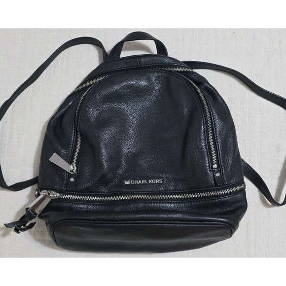 Michael Kors Black Leather Backpack Silver Hardware Adjustable Bag Purse - Picture 1 of 8